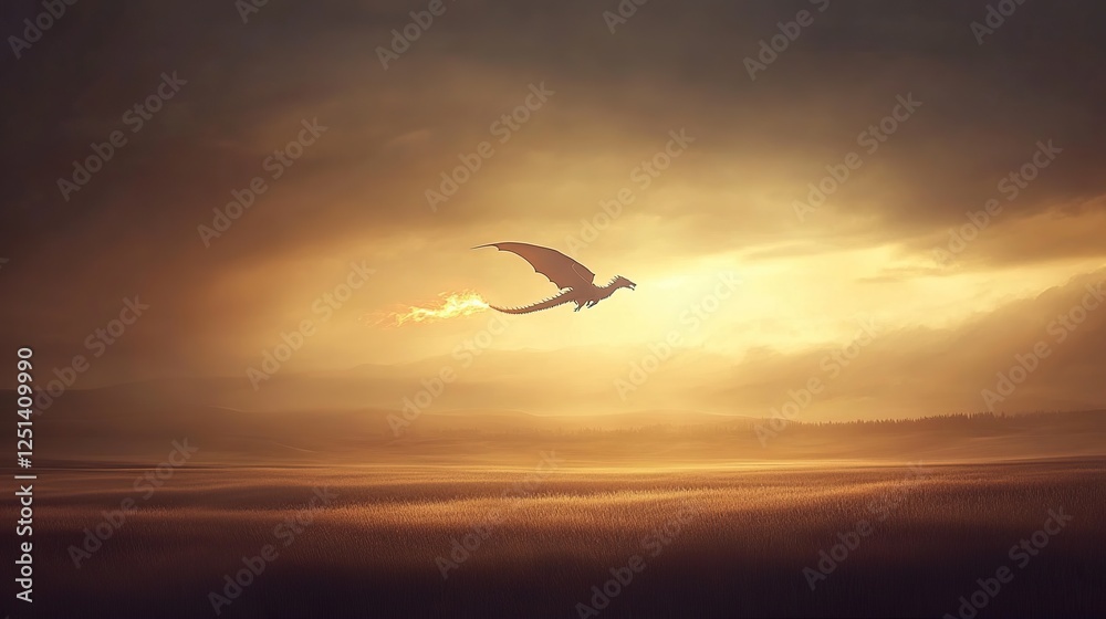Naklejka premium Dragon sunset flight, misty field, fantasy art