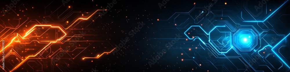 Futuristic Symmetrical Circuit Board Design with Glowing Orange and Blue Lines on Dark Background Futuristic Symmetrical Circuit Board Design with Glowing Orange and Blue Lines on Dark Background