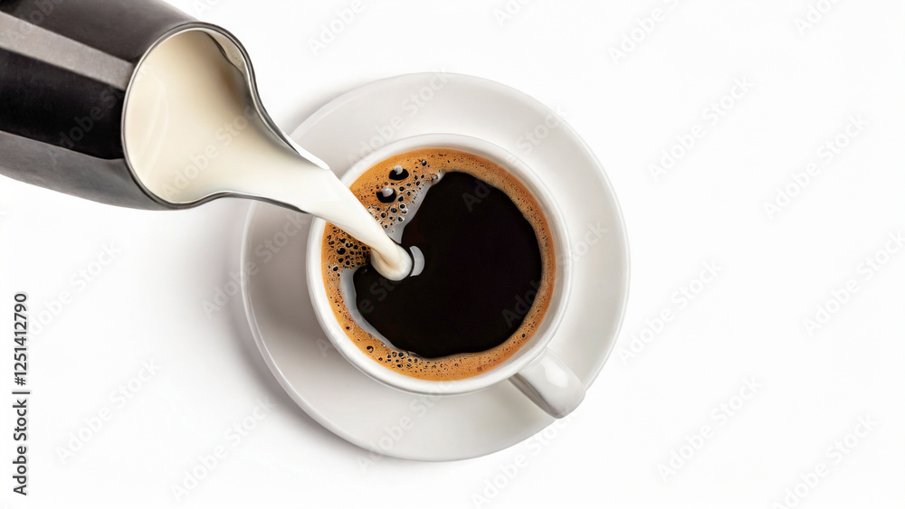 Pouring milk into a cup of coffee, isolated on white background