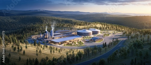 Aerial View of Large Scale Biomass Energy Facility Surrounded by Lush Green Forest Landscape