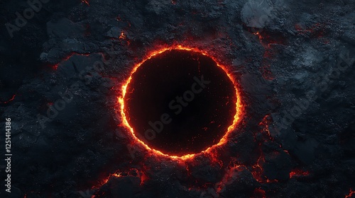 A fiery, volcanic crater reveals molten lava encircling a dark abyss, creating a dramatic contrast against the rugged terrain.