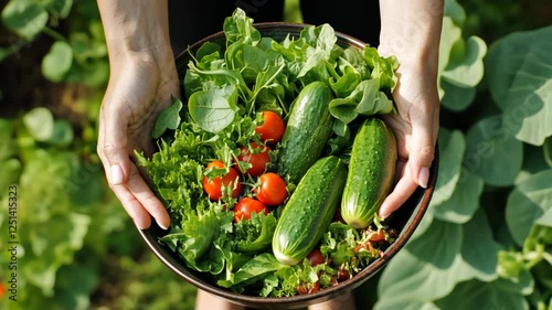 A person holding fresh vegetables in their hands, including a cucumber and spinach leaves. The bowl is filled with various green leafy greens