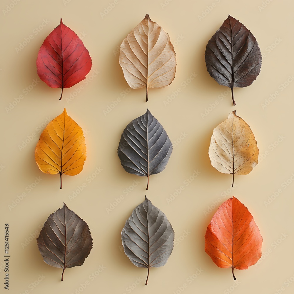 Obraz premium Autumnal Array of Fallen Leaves in Various Hues on a Cream Background for Seasonal Decor