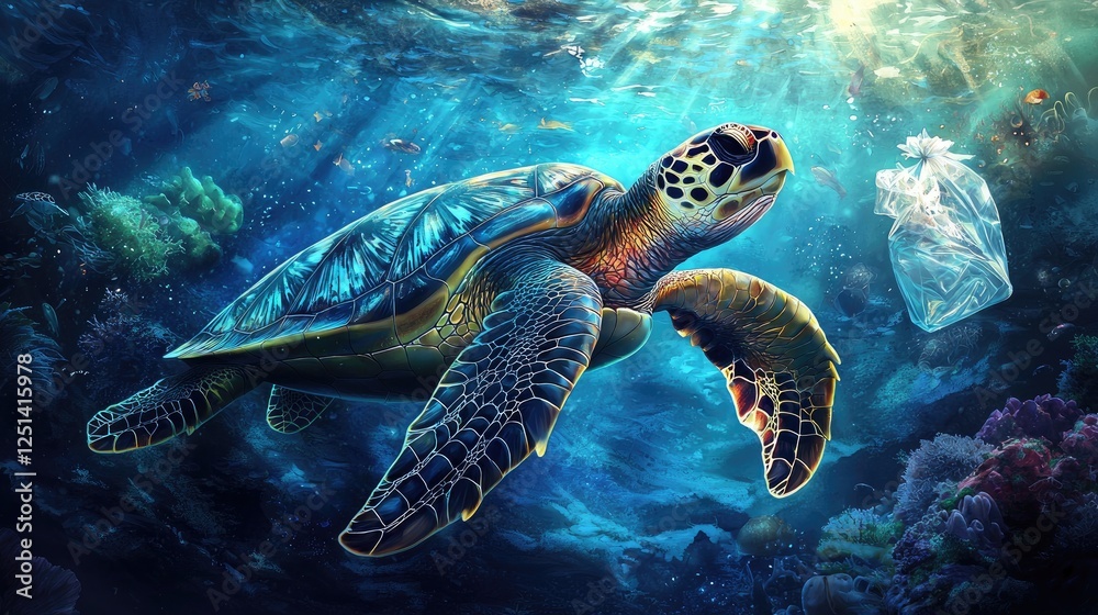 Obraz premium Ocean's Sentinel: A Sea Turtle's Plea Amidst Plastic Pollution
