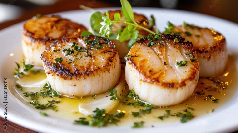 A plate of scallops with parsley and butter A plate of scallops with parsley and butter