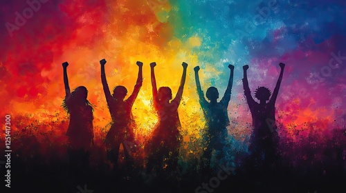 a colorful artwork depicting five individuals raising their fists in solidarity and strength on Juneteenth, capturing feelings of freedom and unity.