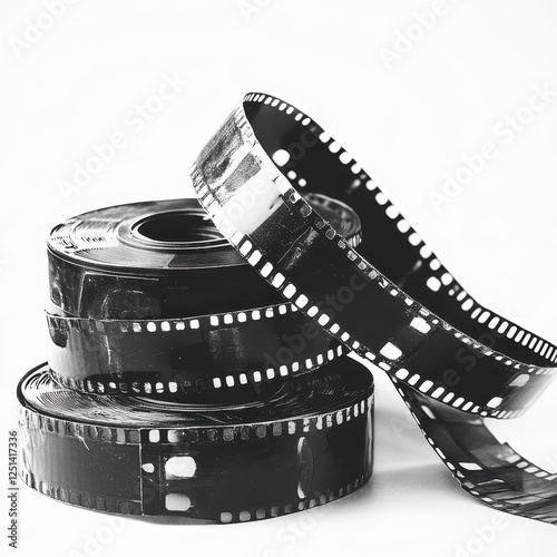 Black and White Film Roll Stacked on a Light Background Showcasing Vintage Photography Aesthetic with Unique Film Strip Design and Texture photo