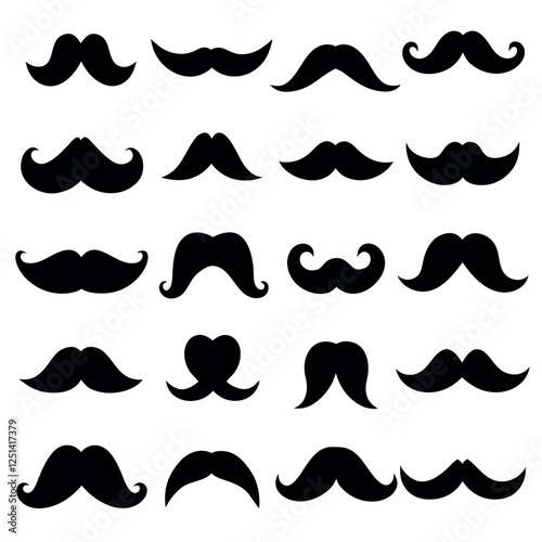 A diverse collection of black mustache silhouettes against a white background.