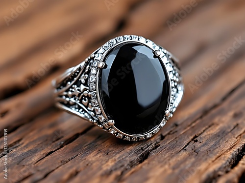 Solid silver ring with black onyx, captured on a wooden background - 03 photo