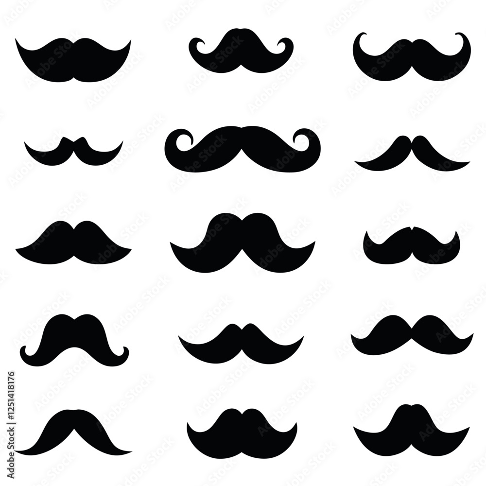 A diverse collection of black mustache silhouettes against a white background. A diverse collection of black mustache silhouettes against a white background.