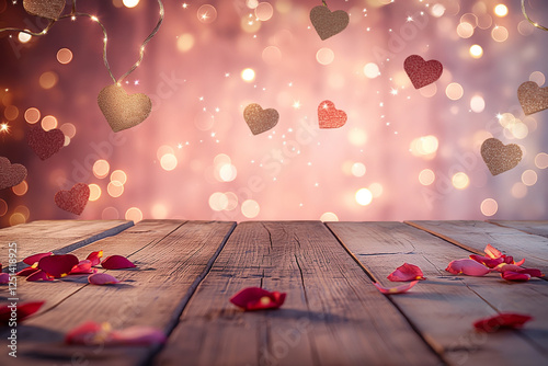 A rustic old wooden table with a rich, weathered texture in the foreground, set against a softly blurred Valentine's Day-themed background