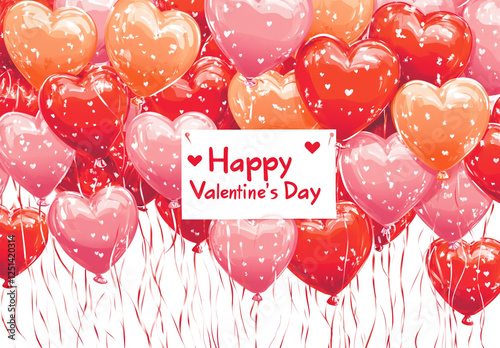 Vector illustration of Happy Valentine's Day background with red and pink heart shaped balloons photo