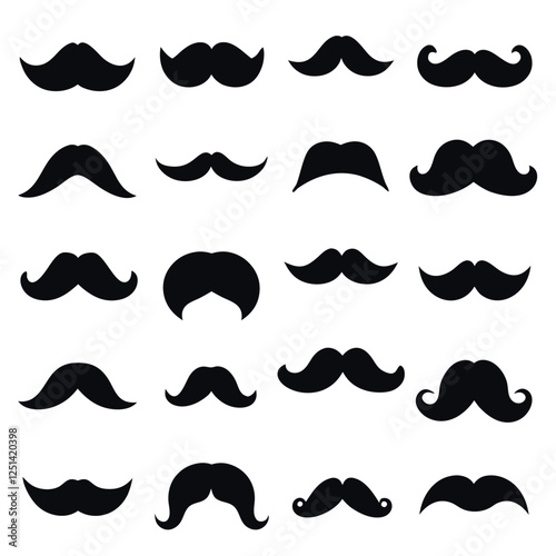 A diverse collection of black mustache silhouettes against a white background.