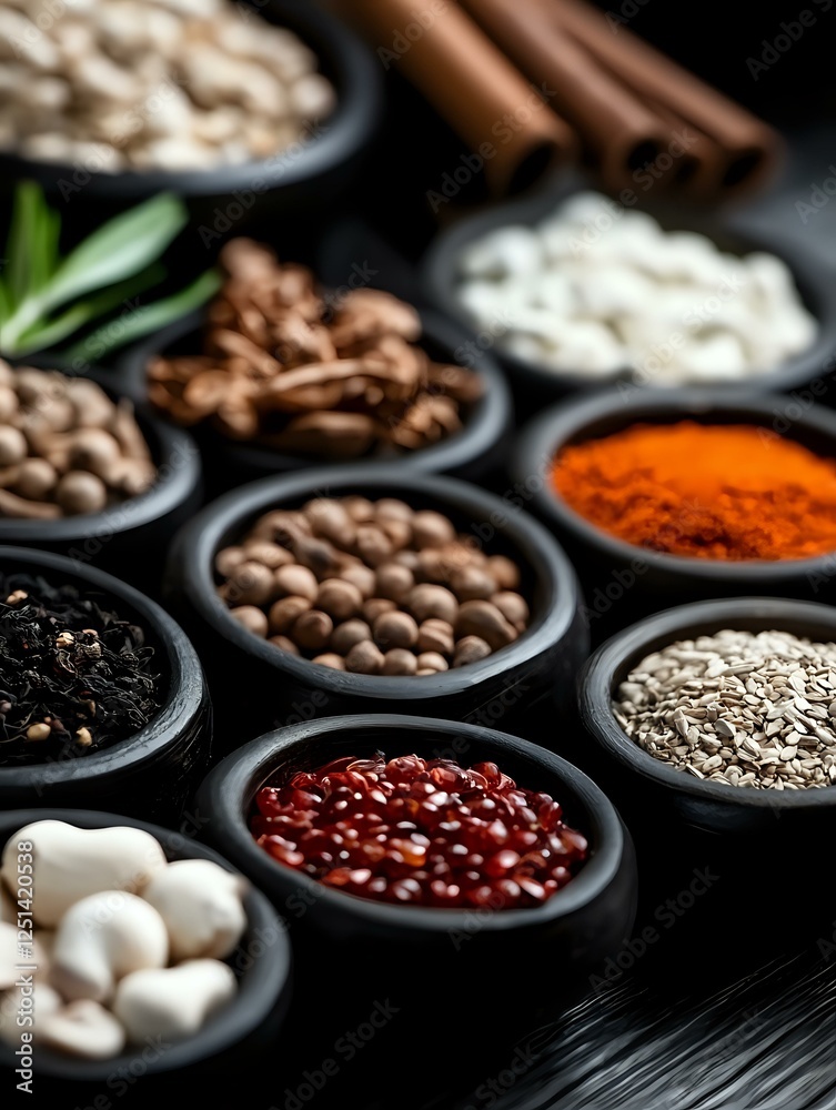 Assorted spices, seeds, and legumes in black ceramic bowls on dark background, selective focus on red beans, dramatic food styling for restaurant menu. Assorted spices, seeds, and legumes in black ceramic bowls on dark background, selective focus on red beans, dramatic food styling for restaurant menu.