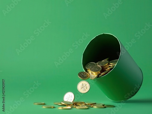 Handfolded origami coins spilling out of a green paper pot, representing discounts and St Patrick s Day deals photo