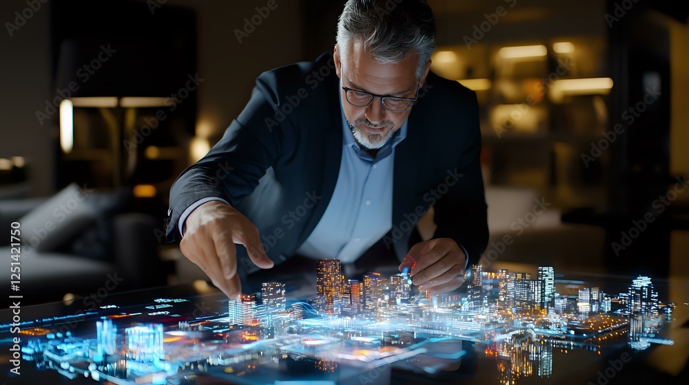 Mature businessman interacting with futuristic holographic city model on conference table, wearing glasses and suit, illuminated by blue technology glow. Mature businessman interacting with futuristic holographic city model on conference table, wearing glasses and suit, illuminated by blue technology glow.