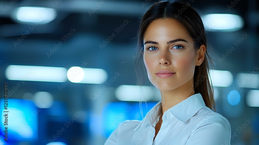 Obraz premium Young Caucasian businesswoman in white shirt against blurred blue office background with bokeh lights, confident professional portrait with soft smile.