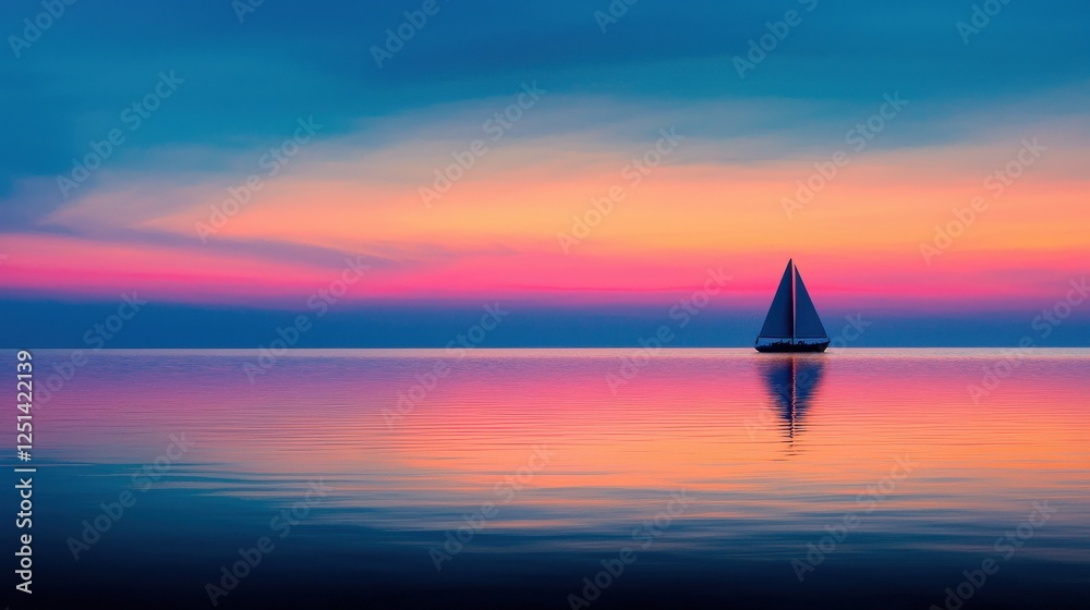 Fototapeta premium Sailing adventure at sunset tranquil waters landscape serene environment wide angle view nature vibes