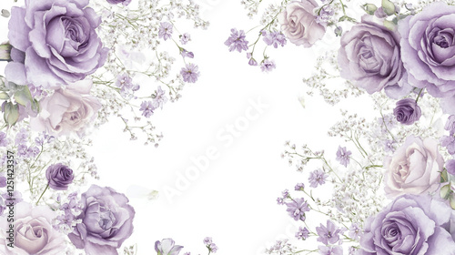 Fototapeta Naklejka Na Ścianę i Meble -  Wallpaper with purple rose and lavender flowers, white background