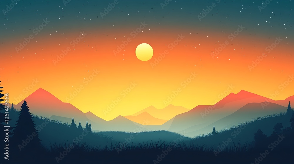 Fototapeta premium Serene Sunset Over Mountain Range Silhouette