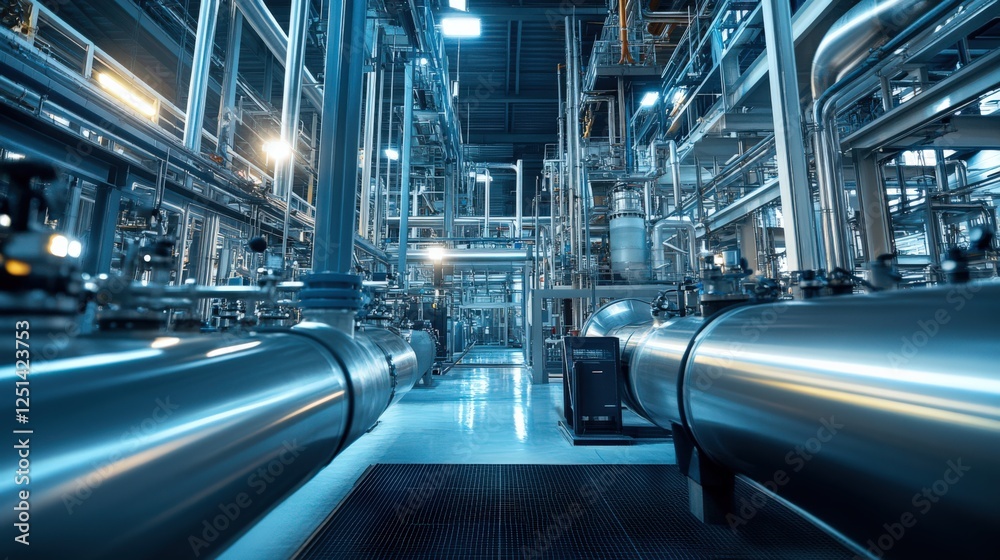 A large industrial building with many pipes and a lot of light