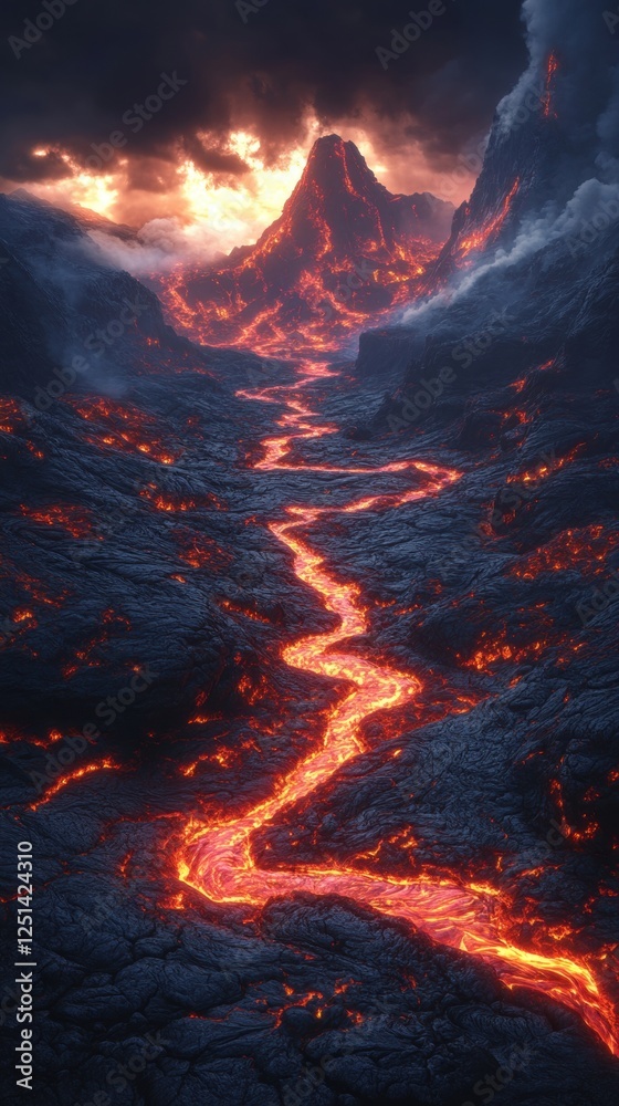 Lava Flowing Through Dark Volcanic Landscape Under Dramatic Sunset Clouds Lava Flowing Through Dark Volcanic Landscape Under Dramatic Sunset Clouds