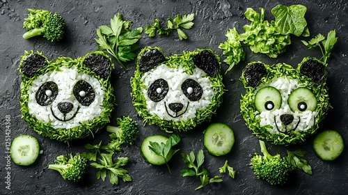 Creative food art with panda faces made from rice, seaweed, cucumber slices, and fresh green vegetables arranged on dark background. Fun kids meal concept.