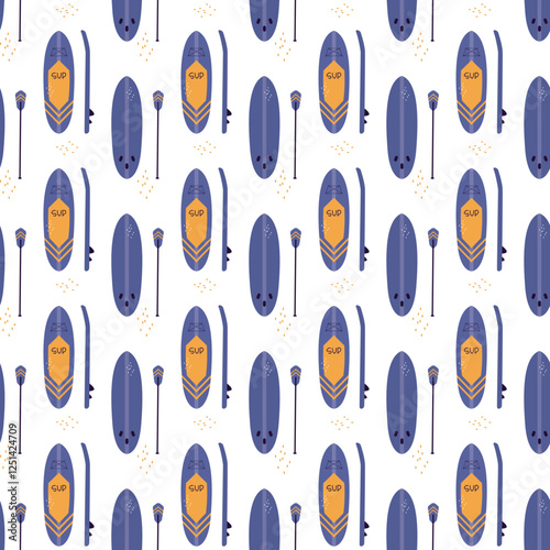 Seamless pattern with sup boards. Texture pattern with paddles and boards, sea summer enjoy. equipment for active extreme sport on water. Wallpaper template.