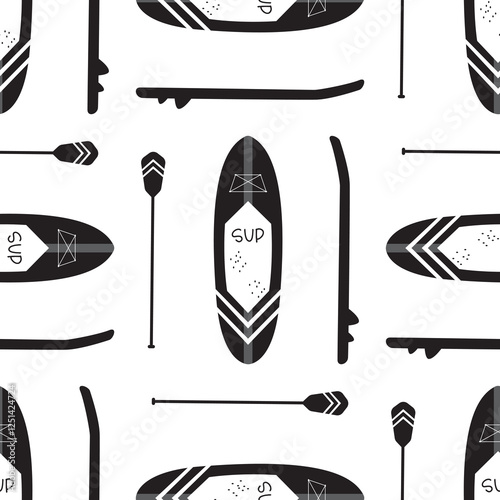 Seamless pattern with sup boards. Texture pattern with paddles and boards, sea summer enjoy. equipment for active extreme sport on water. Monochrome wallpaper template