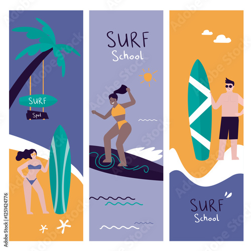 Young characters surfing. Surfers in swimwear riding sea waves on surfboards. Set of three vertical cards - surf school, spot. Summertime activity, healthy lifestyle,