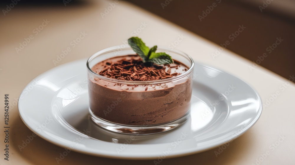 Decadent Chocolate Mousse Topped With Chocolate Shavings and a Fresh Mint Leaf Served in a Clear Glass on a White Plate in a Cozy Setting. Generative AI Decadent Chocolate Mousse Topped With Chocolate Shavings and a Fresh Mint Leaf Served in a Clear Glass on a White Plate in a Cozy Setting. Generative AI