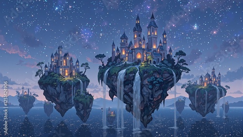 A dreamy floating island with glowing waterfalls crystal towers and twinkling stars beneath a twilight sky