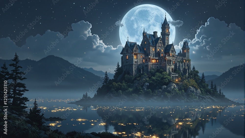 Obraz premium Enchanting castle hovering over golden lake in moonlight Perfect for fairytale backgrounds