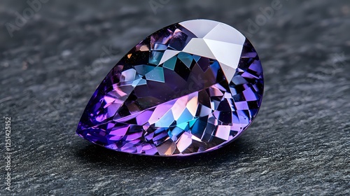 Pear-shaped purple gemstone with brilliant facets displaying iridescent blue and pink reflections on dark textured stone background, luxury jewelry element.