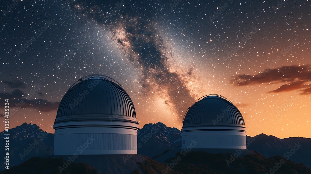 Two observatories stand under a starry sky, showcasing the Milky Way galaxy with a stunning backdrop of mountains at dusk. Two observatories stand under a starry sky, showcasing the Milky Way galaxy with a stunning backdrop of mountains at dusk.