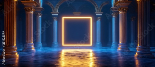 Neon Frame with Sapphire Blue and Gold Lights, Ornate Palace Courtyard, and Marble Columns. Copy space. Generative AI