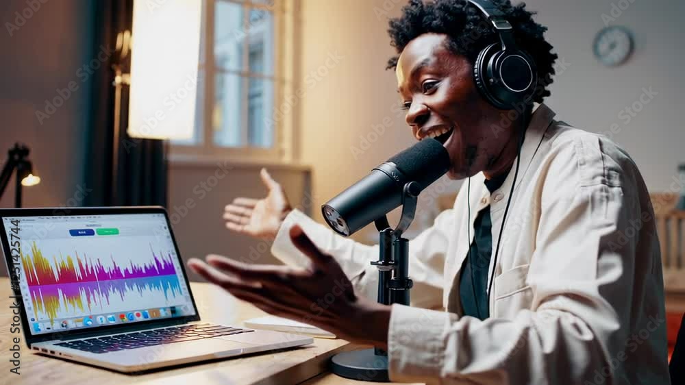 Enthusiastic podcaster recording a podcast, speaking into a microphone with headphones on, using a laptop showing an audio editing software interface, creating engaging content for online audience Enthusiastic podcaster recording a podcast, speaking into a microphone with headphones on, using a laptop showing an audio editing software interface, creating engaging content for online audience