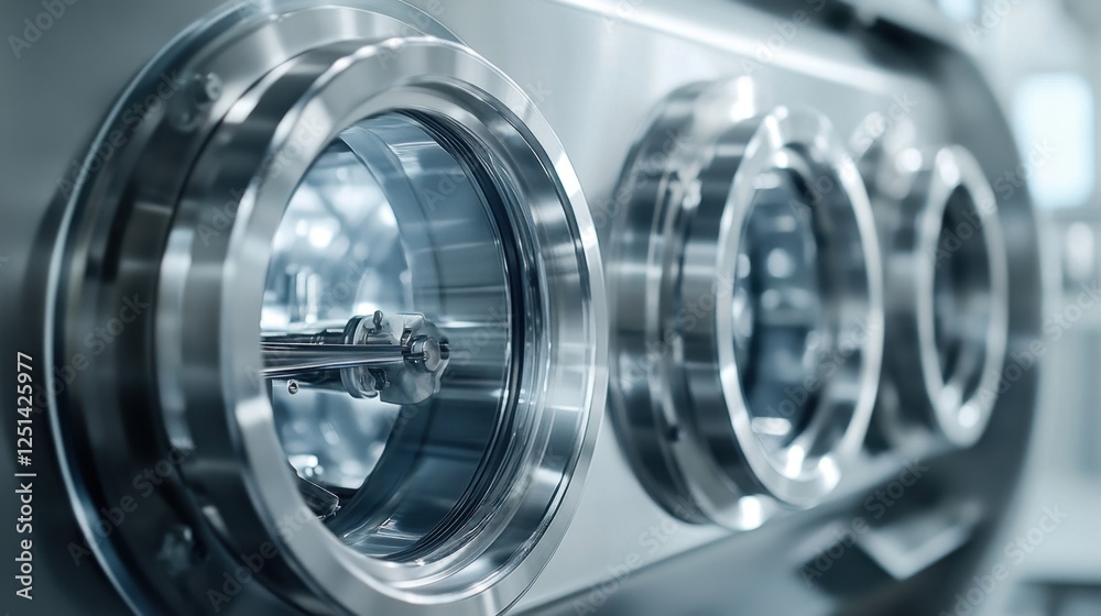 Close up of advanced stainless steel laboratory equipment, featuring precision engineered components. Ideal for scientific research and industrial applications requiring high precision Close up of advanced stainless steel laboratory equipment, featuring precision engineered components. Ideal for scientific research and industrial applications requiring high precision