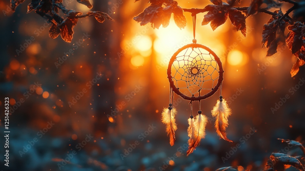 Obraz premium Sunset light captures a dreamcatcher swaying gently in the warm breeze of a tranquil forest setting