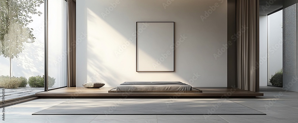 Fototapeta premium Modern minimalist bedroom with outdoor view