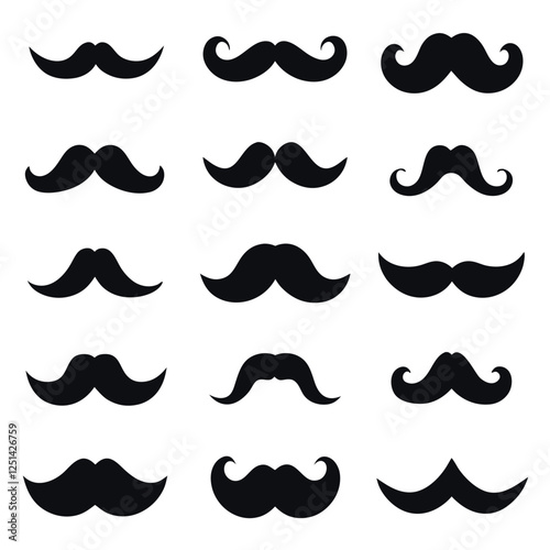 Collection of various mustache silhouettes on white background