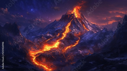 Stunning Eruption of an Active Volcano with Flowing Lava Illuminating Snow-Capped Mountains at Night photo