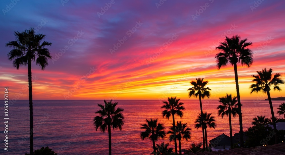 Fiery Sunset over Palm Trees: A breathtaking panoramic view of a vibrant sunset casting hues of red, orange, purple, and pink across the sky.