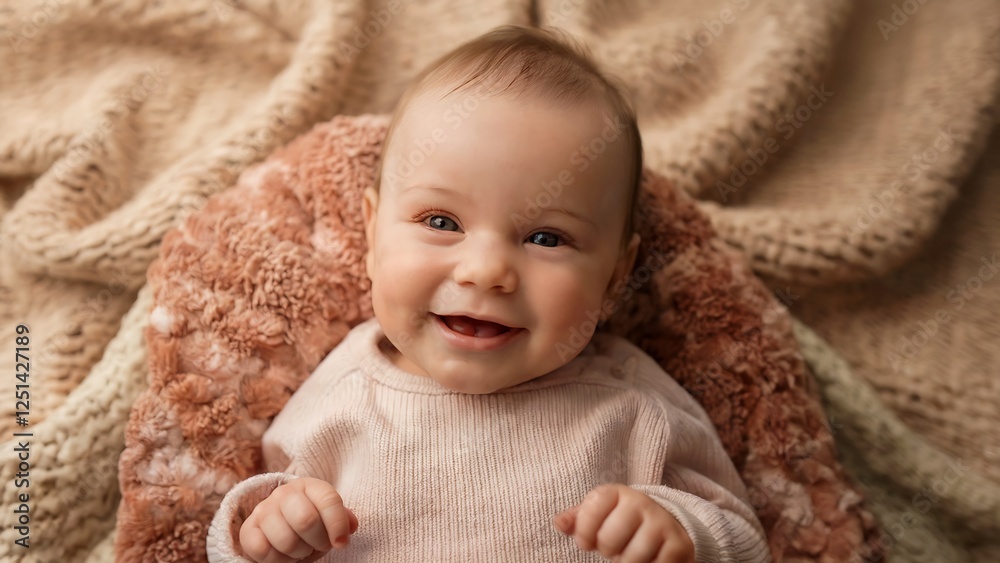 Smiling Baby Boy on Soft Beige Blanket With Joyful Expression
Smiling Baby Boy on Soft Beige Blanket With Joyful Expression