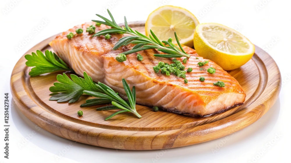 Grilled salmon with lemon and herbs on a wooden plate. A delicious and healthy dish garnished with fresh rosemary and parsley. Isolated on white background Grilled salmon with lemon and herbs on a wooden plate. A delicious and healthy dish garnished with fresh rosemary and parsley. Isolated on white background