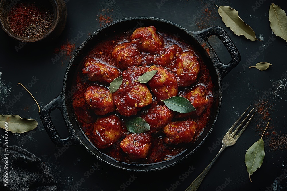 A top-down view of traditional Kerala chicken sambar in an iron pan, with spices and leaves on the side, placed against a dark background. A top-down view of traditional Kerala chicken sambar in an iron pan, with spices and leaves on the side, placed against a dark background.