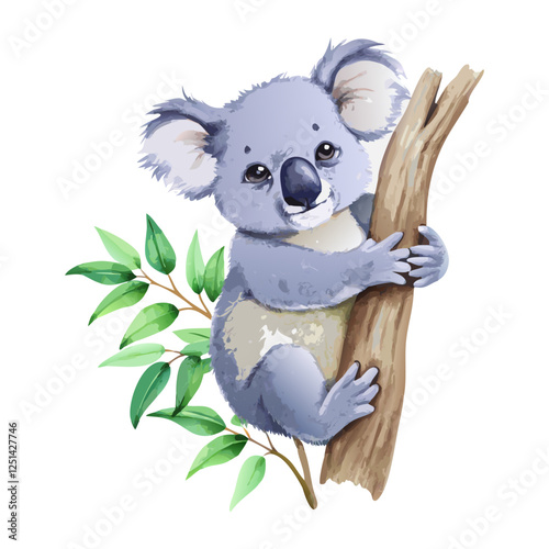Koala bear clinging a tree branch watercolor painting vector art design