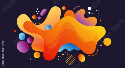 Abstract Gradient Fluid Shapes: A vibrant digital artwork featuring a swirling, fluid abstract design. The organic forms are rendered in a captivating gradient of yellow, orange, purple, and blue.