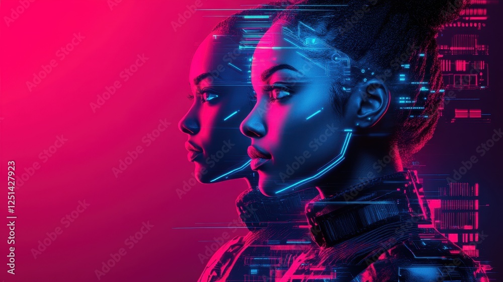 Futuristic portrait of a woman with cybernetic features illuminated by vibrant neon colors Futuristic portrait of a woman with cybernetic features illuminated by vibrant neon colors