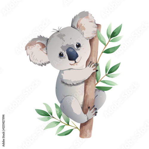 Koala bear clinging a tree branch watercolor painting vector art design